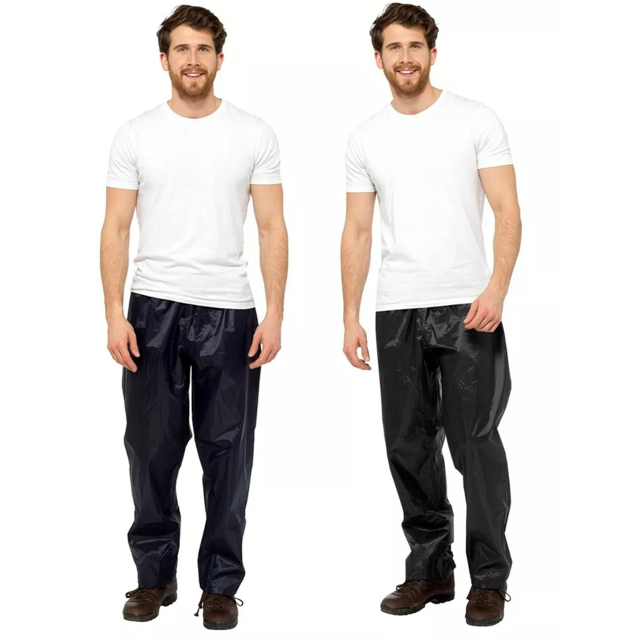 Men's 100% waterproof navy or black over trousers โ lightweight rain pants for outdoor work, hiking, and wet weather protection